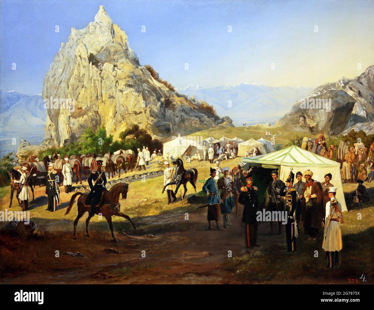 Gemälde von Grigori Gagarin (Григорий Григорьевич Гагарин) (1810 - 1893) russischer Maler und Generalmajor.title;'Sommerlager des Dragonerregiments Nischni Nowgorod außerhalb von Karagach 1842 ? Stockfoto