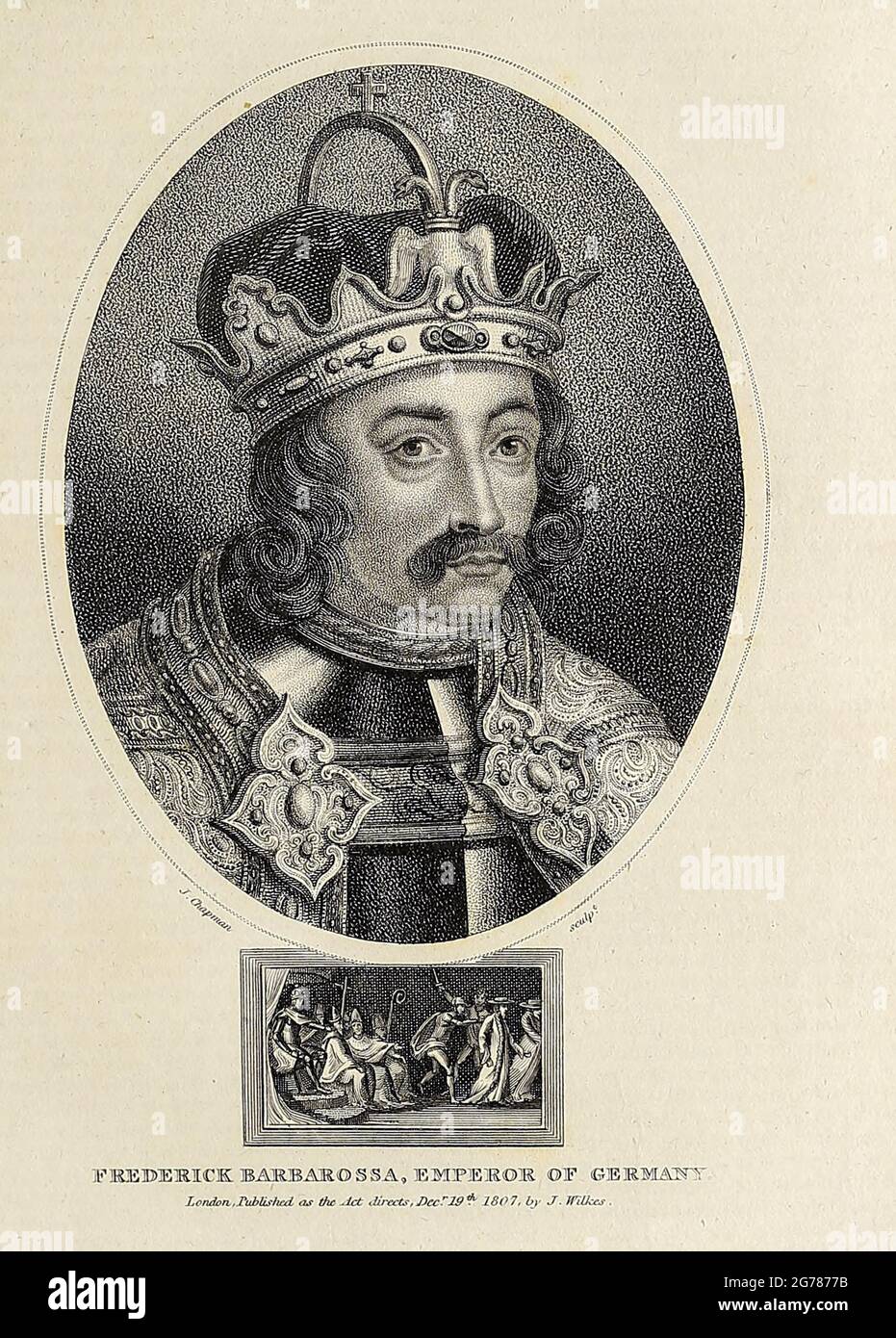 Friedrich Barbarossa (1122. – 10. Juni 1190), auch als Friedrich I. (Friedrich I., Federico I.) bekannt, war von 1155 bis zu seinem Tod 35 Jahre später der Kaiser des Heiligen Römischen Reiches. Er wurde am 4. März 1152 in Frankfurt zum König von Deutschland gewählt und am 9. März 1152 in Aachen gekrönt. Am 24. April 1155 wurde er in Pavia zum König von Italien und am 18. Juni 1155 in Rom von Papst Adrian IV. Zum Kaiser gekrönt. Kupferstich aus der Encyclopaedia Londinensis oder, Universal Dictionary of Arts, Sciences, and literature; Band VIII; herausgegeben von Wilkes, John. Veröffentlicht 1810 in London. Stockfoto
