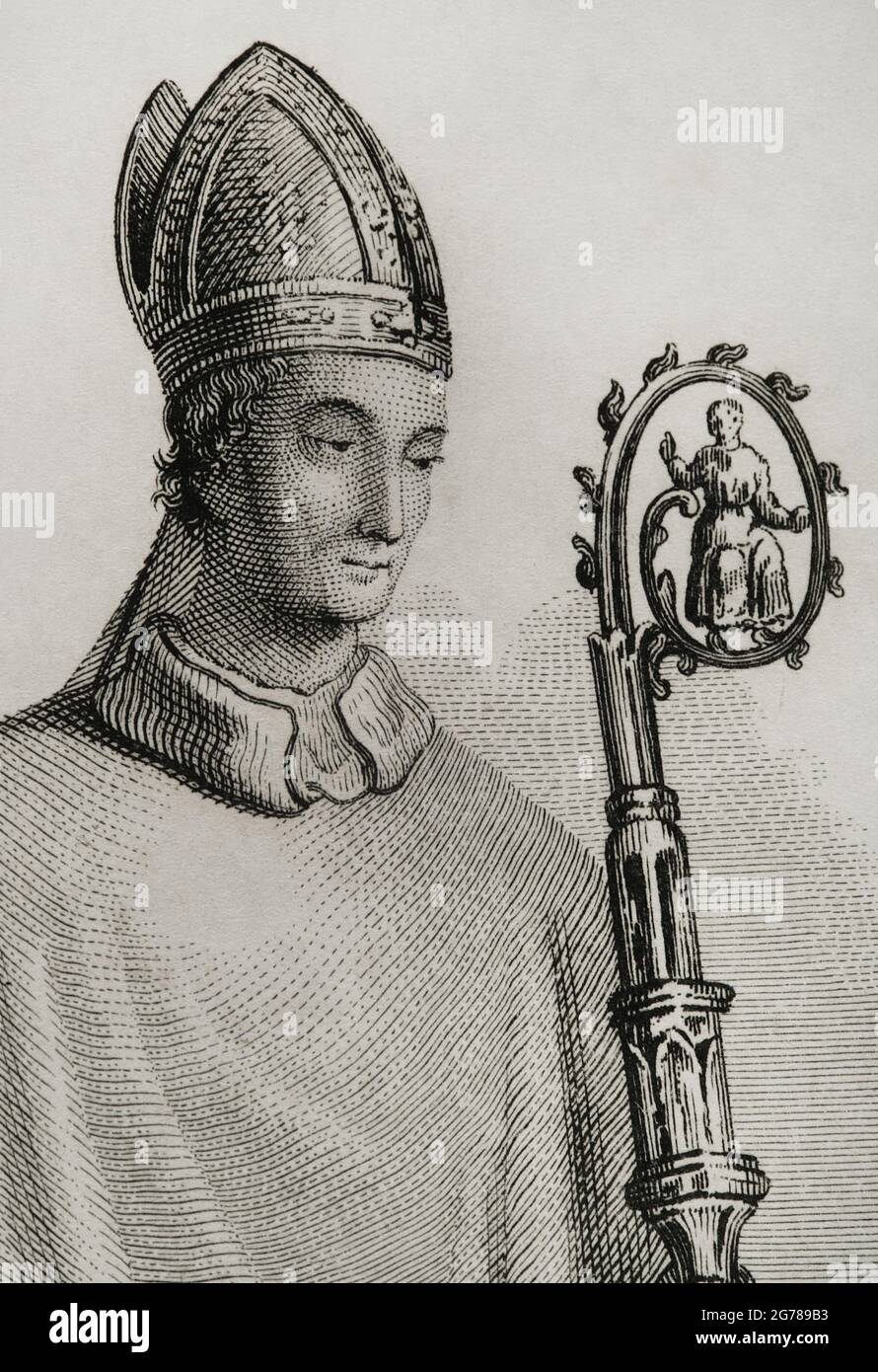 Berenguer de Palou (12. Jahrhundert-Barcelona, 1241). Bischof von Barcelona (1212-1241). 1212 zum Bischof geweiht, stand er an der Seite von König Peter II., dem Katholiken von Aragon, in der Kampagne gegen die Almohaden, die mit dem Sieg in der Schlacht von Las Navas de Tolosa endete. Gemeinsam mit König Jakob I. dem Eroberer, Peter Nolasco und Ramon de Peñafort beteiligte er sich 1218 aktiv an der Gründung des Barmherzigkeitsordens (Orden der seligen Jungfrau Maria der Barmherzigkeit). Illustration von Puiggarí. Stich von Amills. Details. Historia del Rey de Aragón Don Jaime I, el Conquistador (Geschichte des Königs Stockfoto