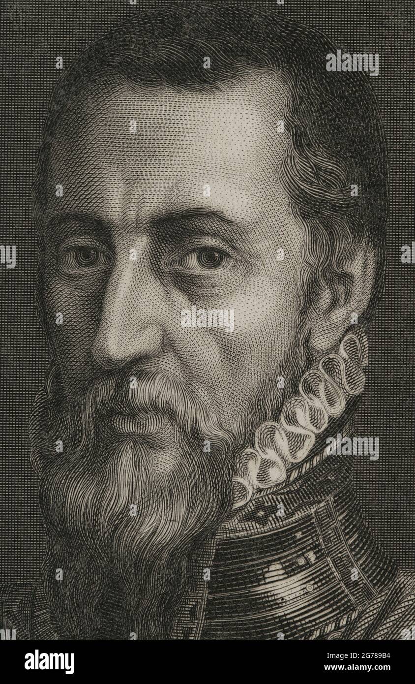 Fernando Alvarez de Toledo y Pimentel (1507-1582). Spanisches Militär. 3. Herzog von Alba. Gouverneur von Mailand, Vizekönig von Neapel, Gouverneur der Niederlande und 1. Vizekönig von Portugal und den Algarves. Hochformat. Gravur von Calamatta. Details. Korrespondenz von Philippe II sur les affaires des Pays-Bas. Veröffentlicht in Brüssel, 1851. Historische Militärbibliothek von Barcelona, Katalonien, Spanien. Stockfoto Fernando Alvarez de Toledo y Pimentel (1507-1582). Spanisches Militär. 3. Herzog von Alba. Gouverneur von Mailand, Vizekönig von Neapel, Gouverneur der Niederlande und 1. Vizekönig von Portugal und den Algarves. Hochformat. Gravur von Calamatta. Details. Korrespondenz von Philippe II sur les affaires des Pays-Bas. Veröffentlicht in Brüssel, 1851. Historische Militärbibliothek von Barcelona, Katalonien, Spanien. Stockfoto