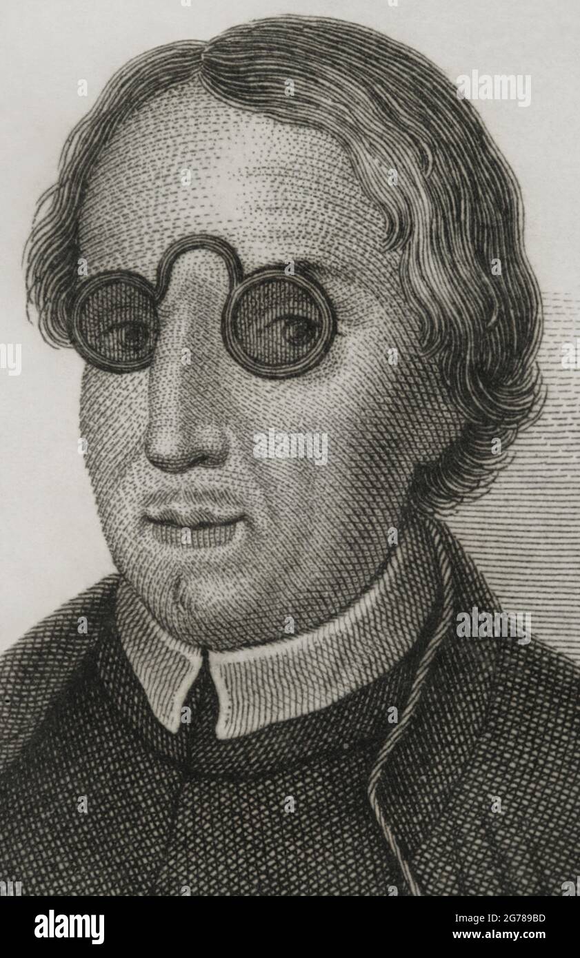 Antonio de Solis y Rivadeneyra (Alcala de Henares, 1610-Madrid, 1686). Spanischer Schriftsteller, Kirchenmann und Politiker. Privatsekretär des Vizekönigs von Navarra, des Grafen von Oropesa (1637). Philip IV. Ernannte ihn zum Beamten des Ersten Staatssekretärs (1654). Mariana von Österreich ernannte ihn zum Chronisten der Indies (1665). 1667 wurde er zum Priester geweiht. Dichter und Dramatiker, der als Historiker hervorsticht. Stich von Juan Amills. Historia de la conquista de La España, von Antonio de Solís y Rivadeneyra. Veröffentlicht in Barcelona, 1840 Stockfoto