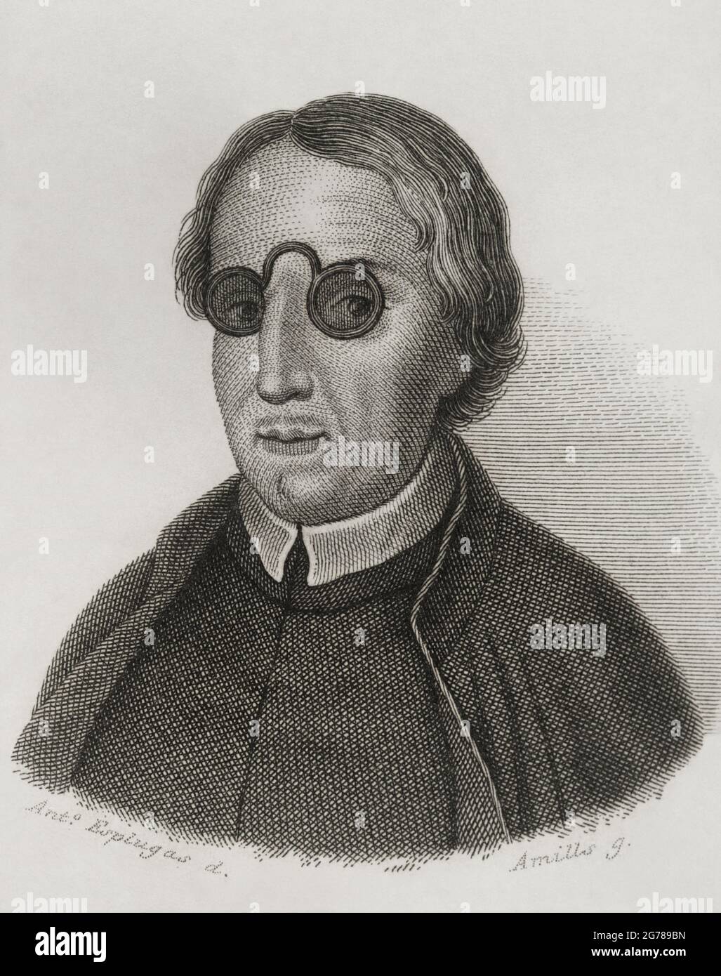 Antonio de Solis y Rivadeneyra (Alcala de Henares, 1610-Madrid, 1686). Spanischer Schriftsteller, Kirchenmann und Politiker. Privatsekretär des Vizekönigs von Navarra, des Grafen von Oropesa (1637). Philip IV. Ernannte ihn zum Beamten des Ersten Staatssekretärs (1654). Mariana von Österreich ernannte ihn zum Chronisten der Indies (1665). 1667 wurde er zum Priester geweiht. Dichter und Dramatiker, der als Historiker hervorsticht. Stich von Juan Amills. Historia de la conquista de La España, von Antonio de Solís y Rivadeneyra. Veröffentlicht in Barcelona, 1840 Stockfoto