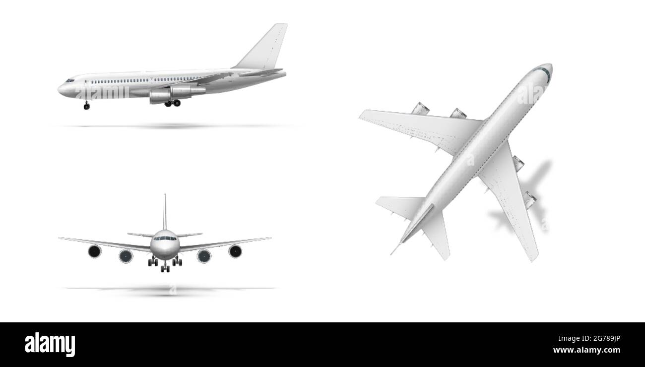 Fliegende Flugzeuge, Düsenflugzeuge oder Flugzeuge. Detailliertes Passagierflugzeug auf weißem Hintergrund. Stock Vektor