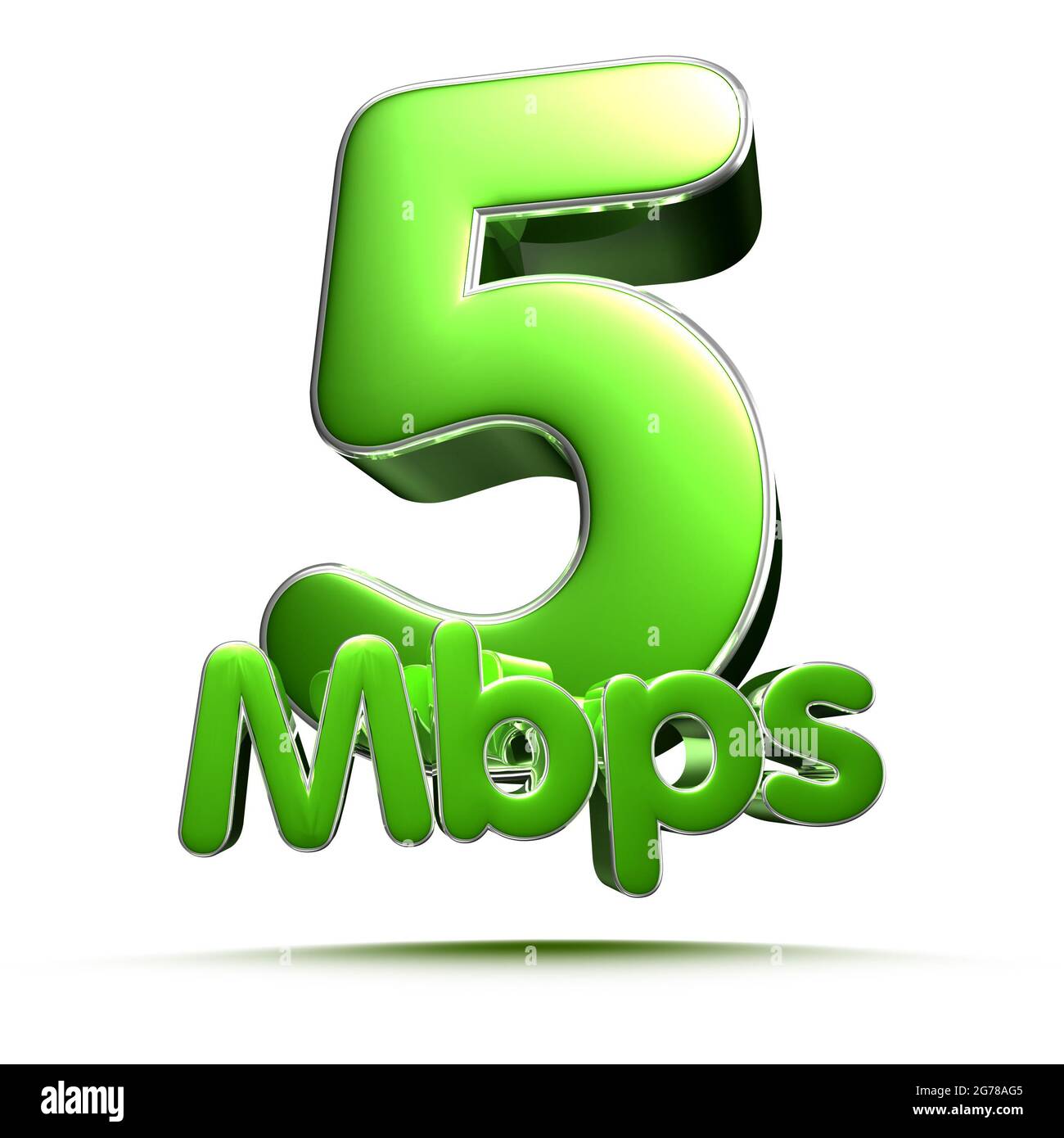 5 Mbit/s grüne 3D-Darstellung auf weißem Hintergrund mit Beschneidungspfad. Stockfoto