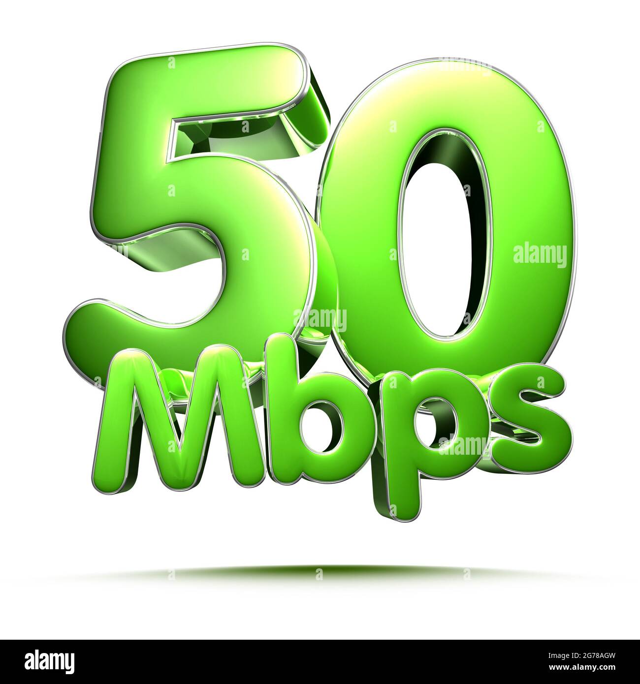 50 Mbit/s grüne 3D-Darstellung auf weißem Hintergrund mit Beschneidungspfad. Stockfoto