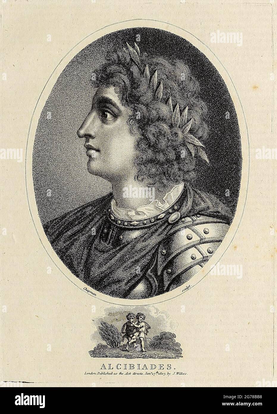 Alcibiades, Sohn von Clinias (c. 450–404 v. Chr.), aus der Herrschaft der Scambonidae, war ein prominenter athenischer Staatsmann, Redner und General. Er war das letzte berühmte Mitglied der aristokratischen Familie seiner Mutter, die Alcmaeonidae, die nach dem Peloponnesischen Krieg von der Prominenz fielen. In der zweiten Hälfte dieses Konflikts spielte er eine wichtige Rolle als strategischer Berater, Militärkommandant und Politiker. Kupferstich aus der Encyclopaedia Londinensis oder, Universal Dictionary of Arts, Sciences, and literature; Band VIII; herausgegeben von Wilkes, John. Veröffentlicht 1810 in London. Stockfoto