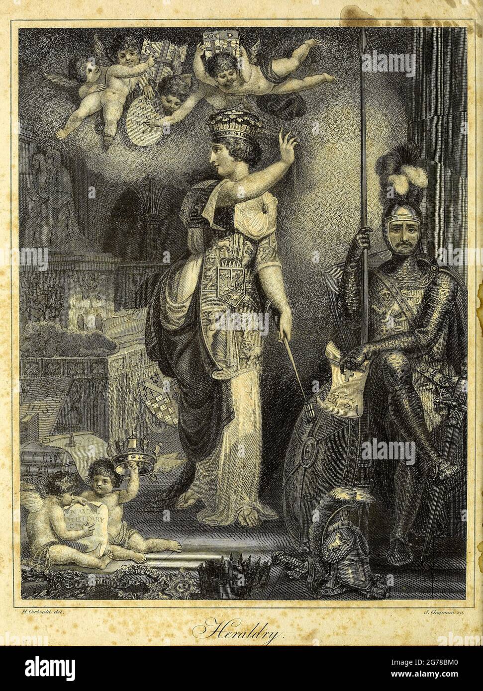 Beschreibung des Frontispiz zur Darstellung der Heraldik. Eine weibliche Figur, die Heraldik darstellt und mit den Insignien des wichtigsten Waffenkönigs geschmückt ist, zieht den Schleier beiseite, den die Zeit über die Vorgänge vergangener Zeitalter geworfen hatte, und enthüllt die Monumente und andere kostbare Überreste der Antike. Auf ihrer linken Seite befindet sich ein Ritter der Kreuzzüge in einer kontemplativen und angemessenen Haltung und in vollständiger Postrüstung; zu seinen Füßen ein alter Schild und Helm, der den kriegerischen Geräten der modernen Zeit entgegengesetzt ist. Auf dem Vorgrund sitzen zwei Genies neben und halten die Insignien der Marine, mil Stockfoto