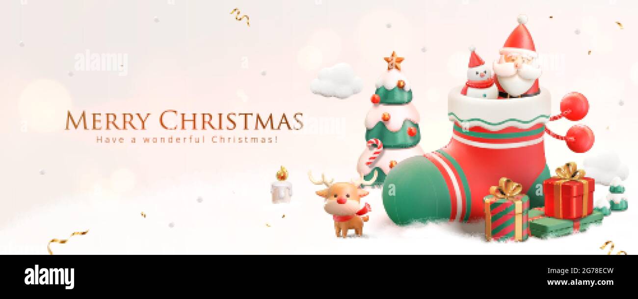 3d-Weihnachtsbanner mit Schneemann und Weihnachtsmann im Strumpf mit festlichen Weihnachtsornamenten auf schneeweißem Hintergrund Stock Vektor