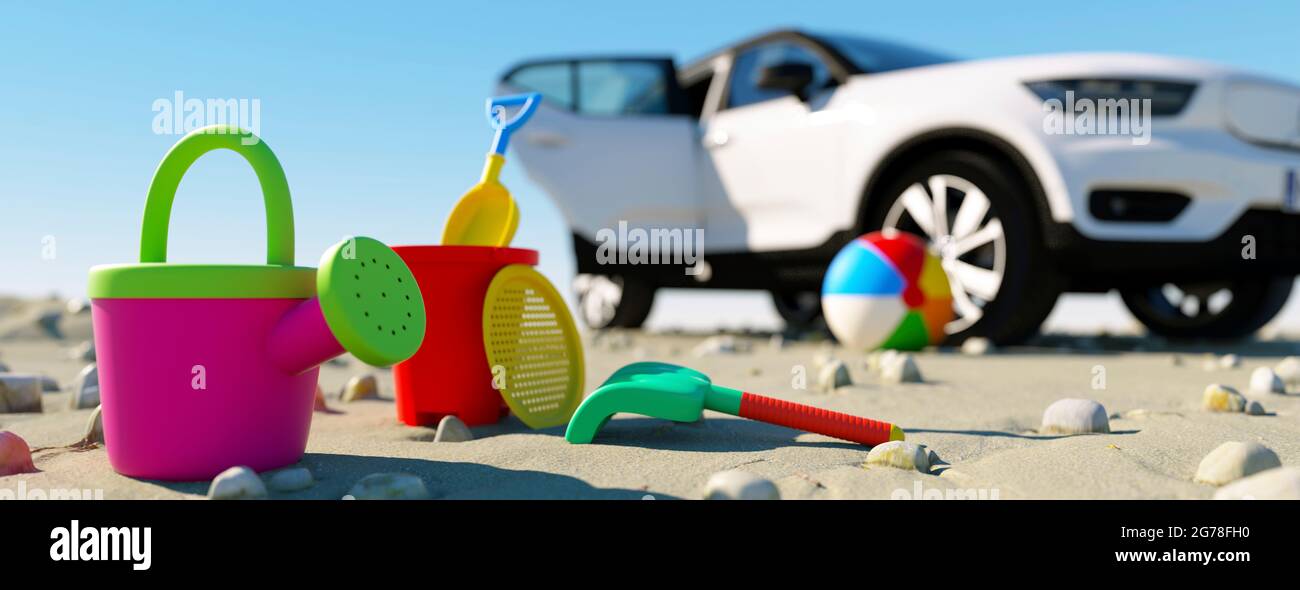 Familienurlaub im Auto an einem lokalen Strand mit Kinderspielzeug im Sand 3d Render Stockfoto