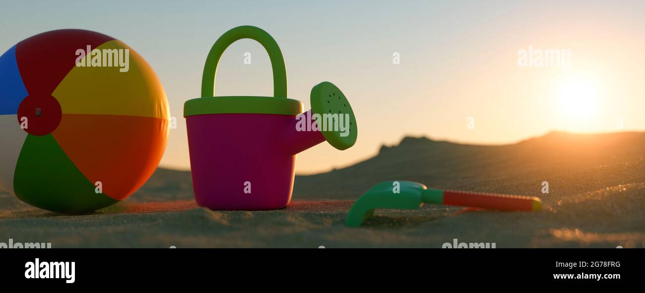 Strandspielzeug für Kinder an einem Sommerstrand 3d-Rendering Stockfoto