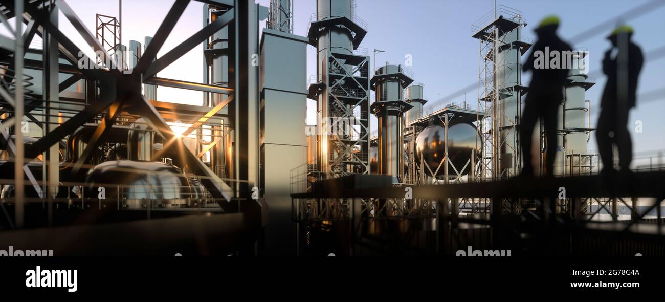 Große Ölraffinerie-Anlage bei Sonnenaufgang an einem klaren Tag 3d-Rendering Stockfoto