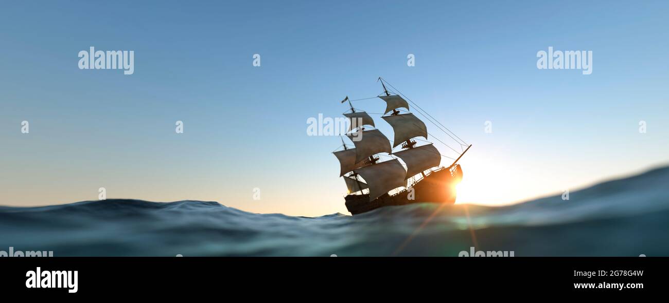 Großes Piratenschiff Panorama bei Sonnenuntergang an einem klaren Tag 3d-Rendering Stockfoto
