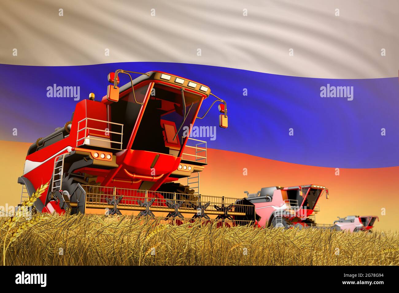 Landwirtschaftliche Mähdrescher arbeiten auf Weizenfeld mit Russland Flagge Hintergrund, Lebensmittelproduktion Konzept - industrielle 3D-Illustration Stockfoto