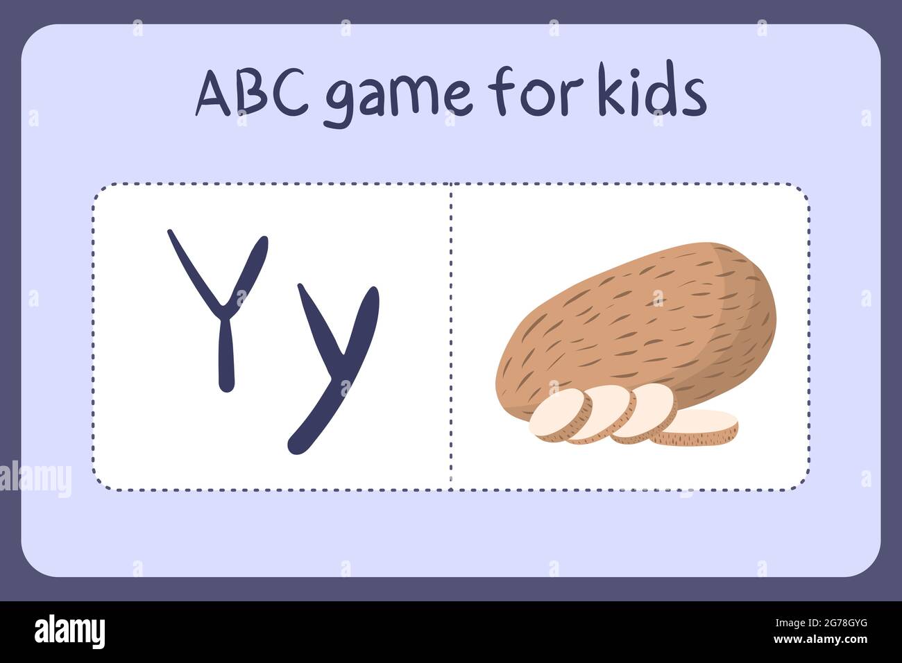 Kind Alphabet Mini-Spiele im Cartoon-Stil mit dem Buchstaben Y - yam. Vektor-Illustration für Spiel-Design - Schneiden und spielen. Lerne abc mit Flash-Karten für Obst und Gemüse. Stock Vektor