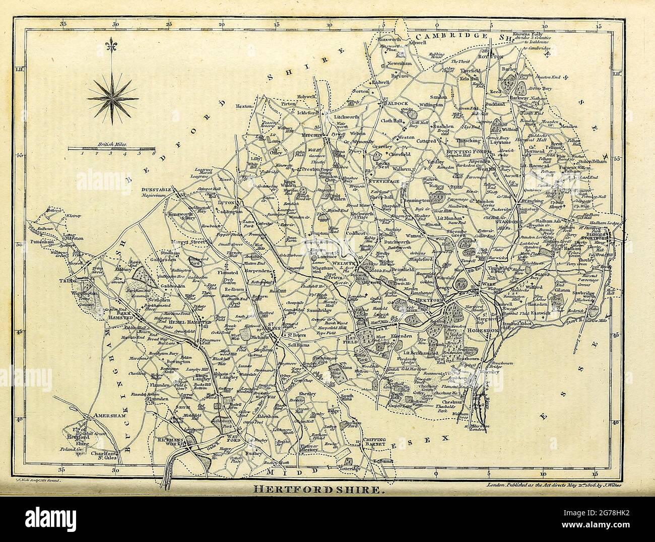 Hertfordshire (oft abgekürzt Herts) ist eines der Heimatbezirke in Südengland Kupferstich aus der Encyclopedia Londinensis oder, Universal Dictionary of Arts, Sciences, and literature; Band IX; herausgegeben von Wilkes, John. Veröffentlicht 1811 in London Stockfoto