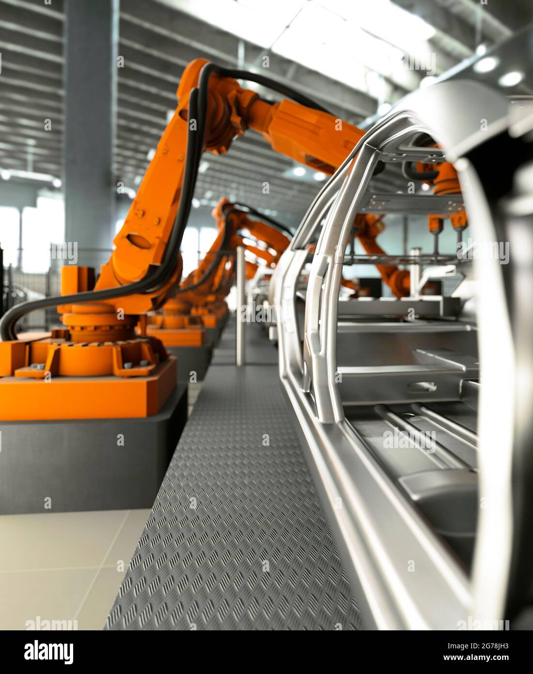 Moderne Automobilproduktionslinie mit Roboterarmen Schweißkomponenten 3d Render Stockfoto