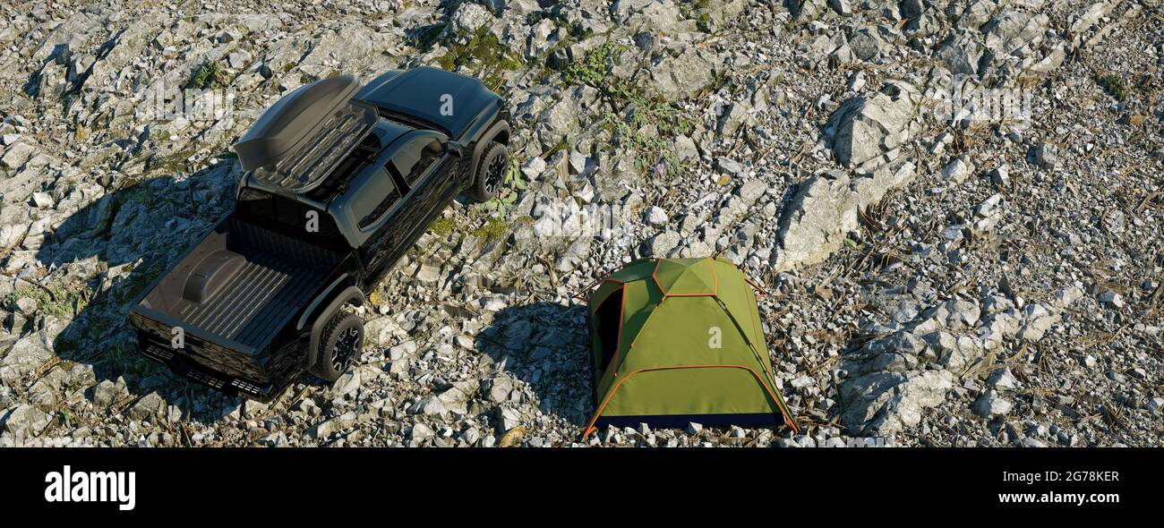 Fernes Straßenfahren und Camping in den Bergen, 3D-Rendering Stockfoto