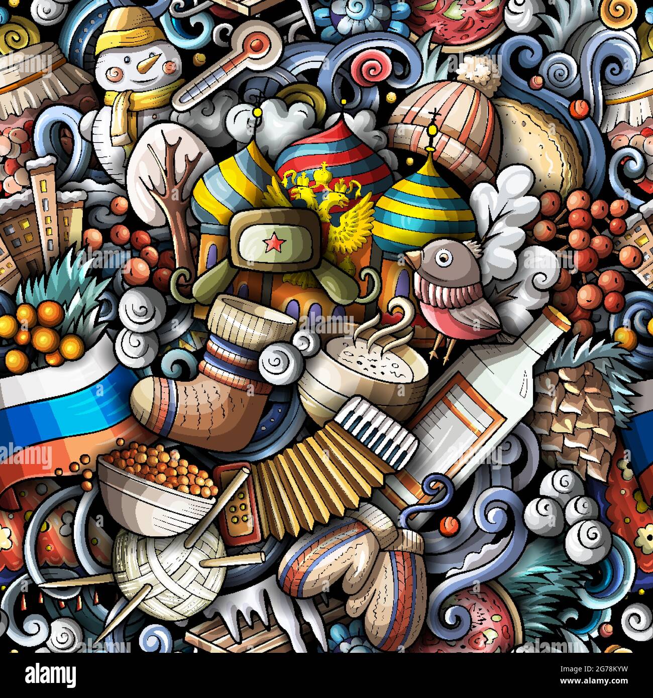 Cartoon kritzelt Russland nahtlose Muster. Hintergrund mit russischen Kultursymbolen und Gegenständen. Farbenfroh, detailreich, mit vielen Objekten im Hintergrund zum Drucken Stock Vektor
