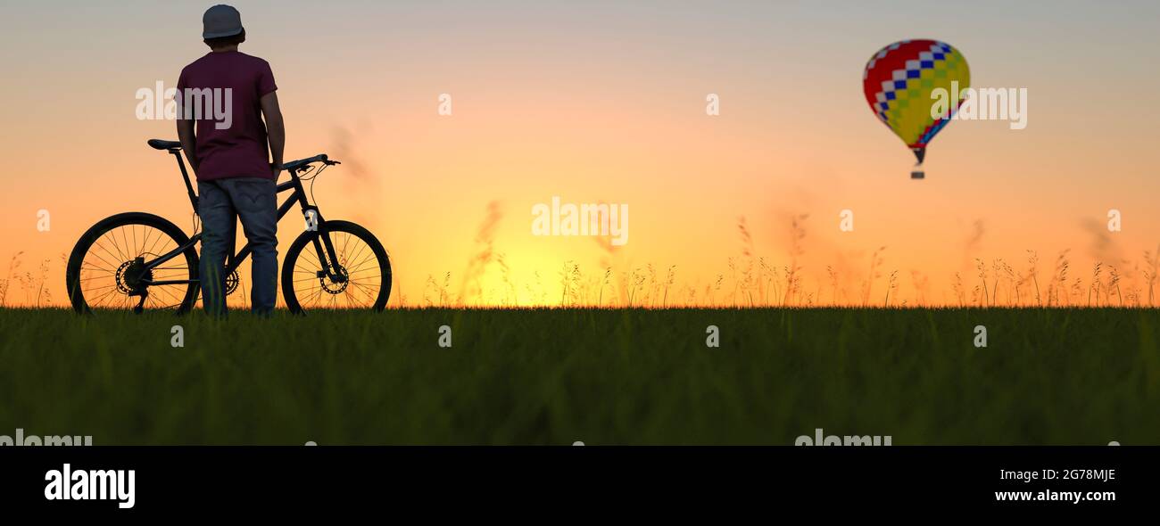 Junger Mann mit seinem Fahrrad, der einen Heißluftballon beim 3D-Rendern bei Sonnenuntergang beobachtet Stockfoto