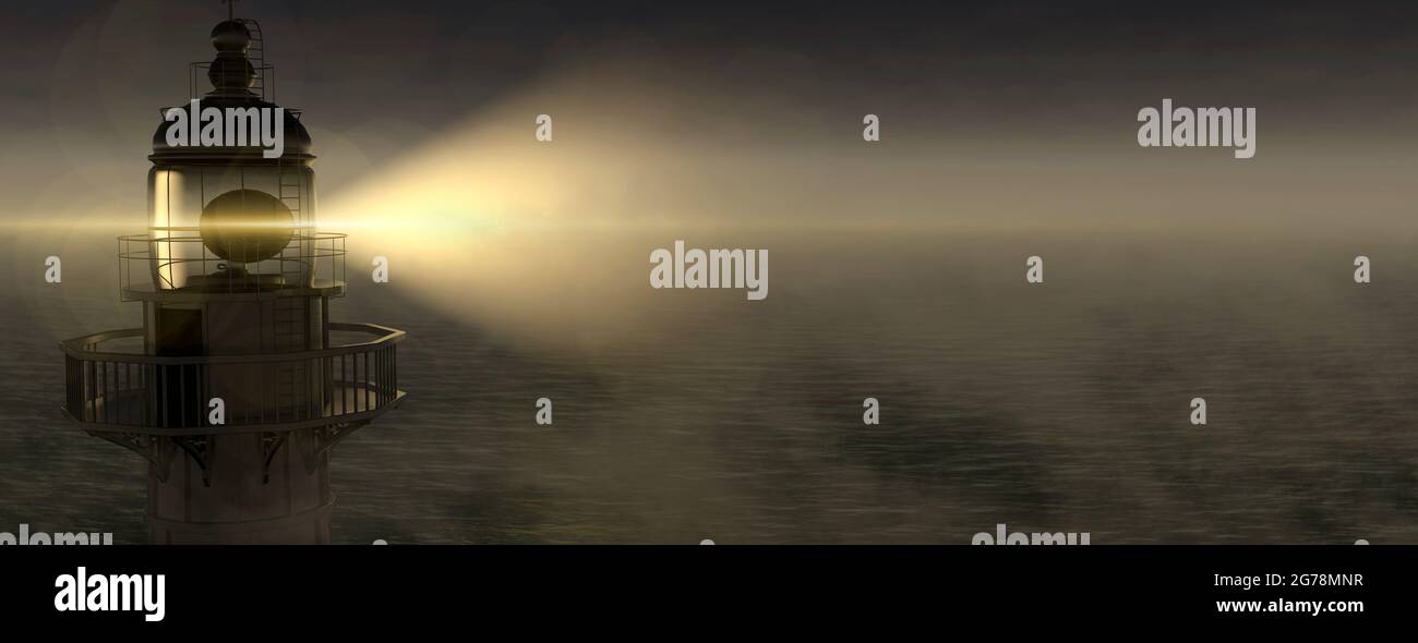 Panorama-Leuchtturm mit seinem Lichtstrahl, der durch dichten Nebel 3d-Rendering leuchtet Stockfoto