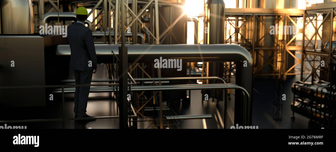 Techniker-Supervisor mit Blick auf eine Ölraffinerie bei Sonnenuntergang mit Rohren und 3D-Rendering aus Stahl Stockfoto