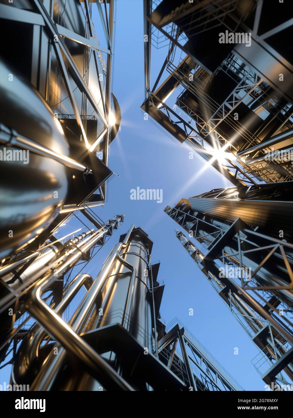Blick auf einen klaren Tag in einer Ölraffinerie mit großen reflektierenden Schornsteinstapeln in der Sonne 3d-Rendering Stockfoto