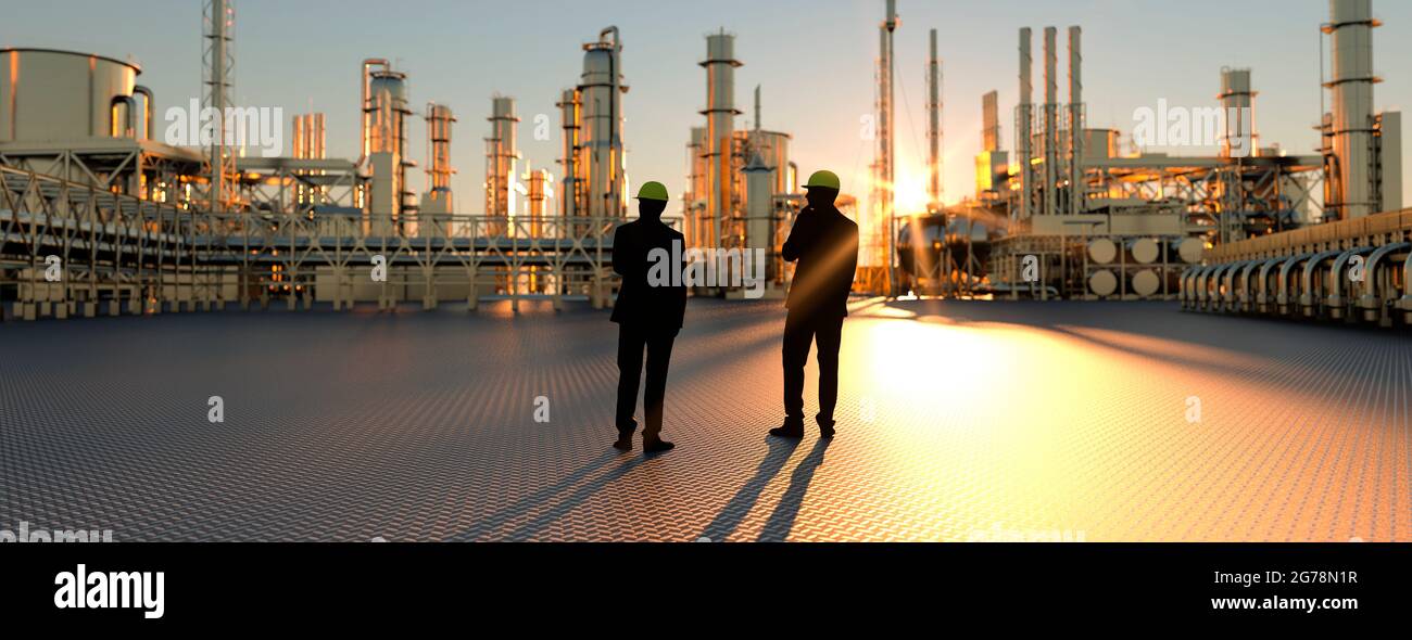 Techniker-Supervisor mit Blick auf eine Ölraffinerie bei Sonnenuntergang mit Rohren und 3D-Rendering aus Stahl Stockfoto