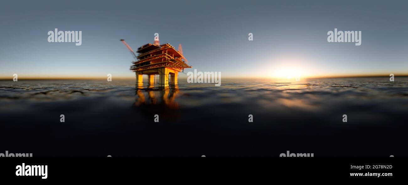 Große Offshore-Ölplattform im Ozean bei Sonnenuntergang 3d-Rendering Stockfoto