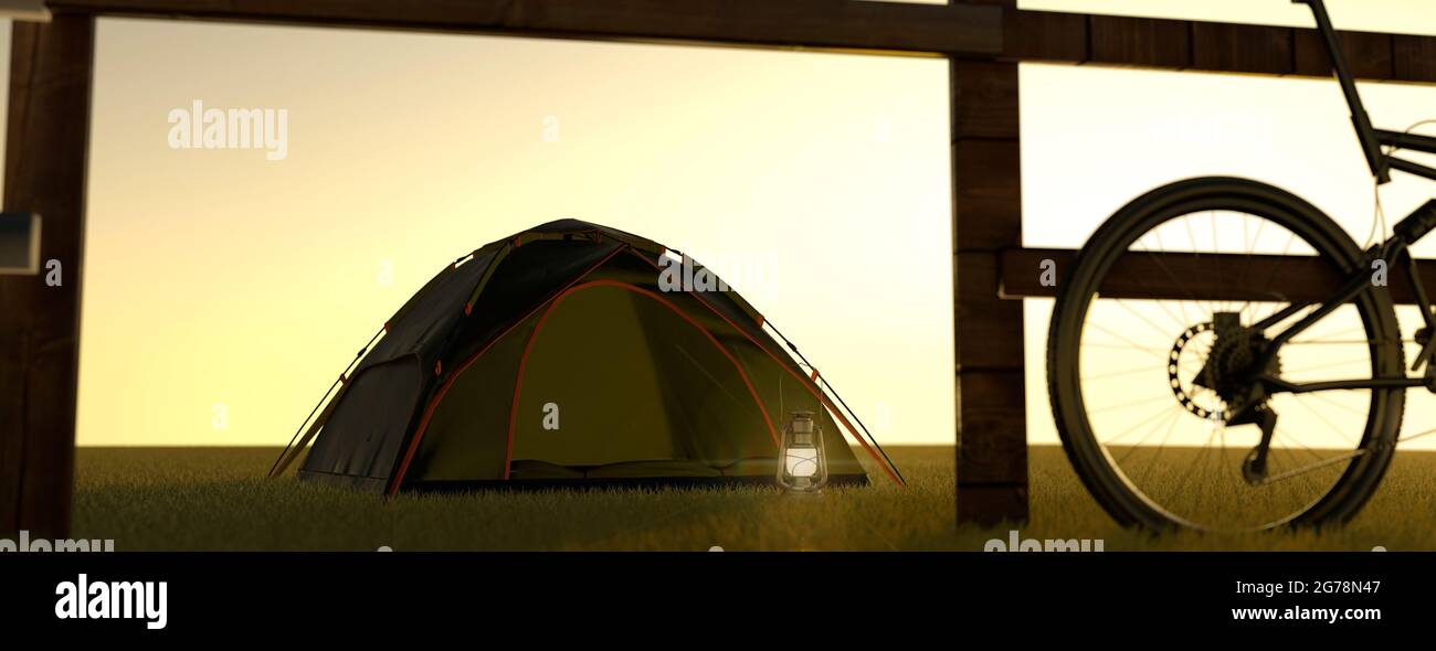 Camping bei Sonnenaufgang in einem kleinen Zelt auf einer Wiese mit einem Mountainbike neben dem Zelt 3d Render Stockfoto