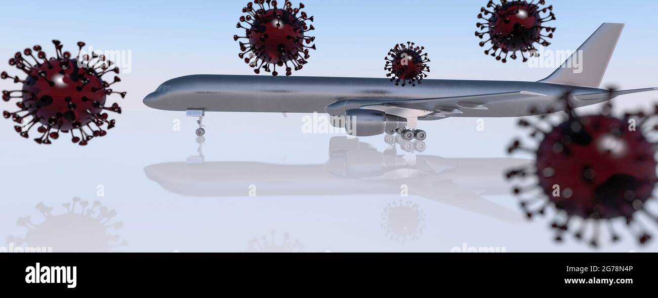 Kommerzielles Flugzeug der Fluggesellschaft, umgeben von Covid-19-Viruspartikeln, Concept 3d Render Stockfoto