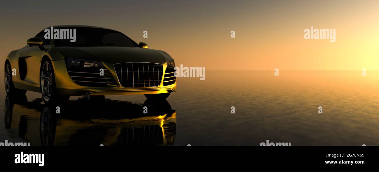 Goldenes Sportwagen-Konzept bei Sonnenaufgang 3d-Rendering Stockfoto