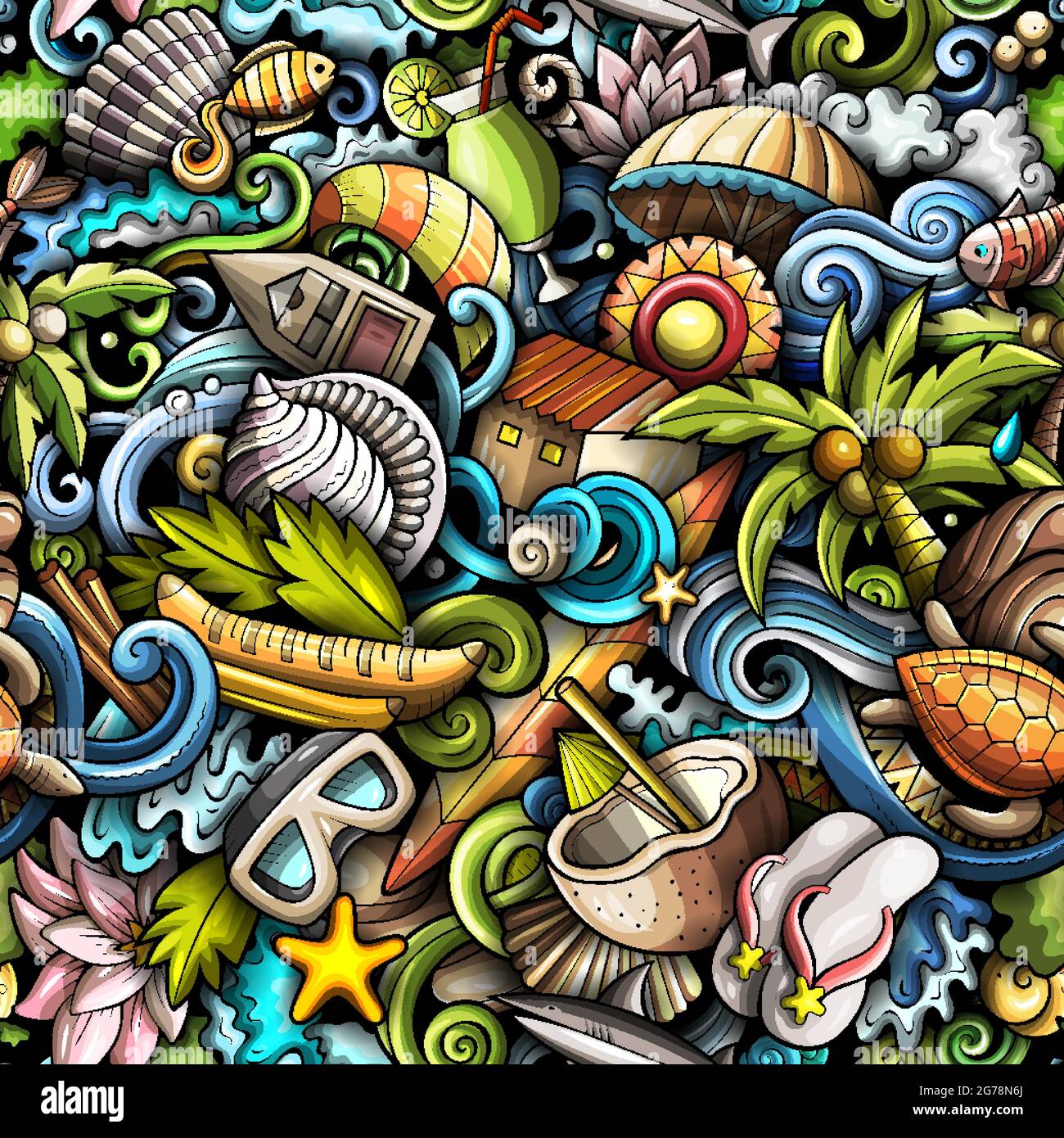 Cartoon-Kritzeleien Seychellen nahtloses Muster. Bunt detailliert, mit vielen Objekten Hintergrund für den Druck auf Stoff, Textil, Grußkarten, Tücher, Stock Vektor