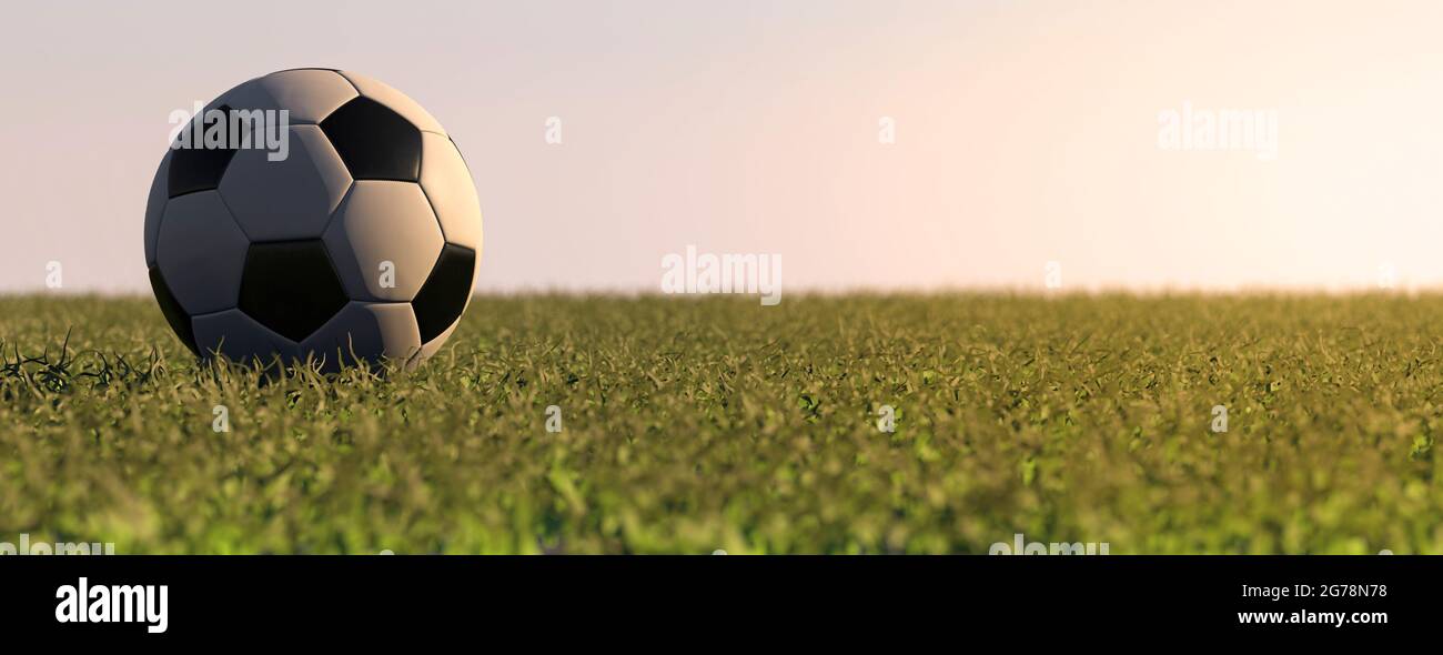 GFootball auf einem Rasen Nahaufnahme bei Sonnenuntergang Concept 4d Render Stockfoto