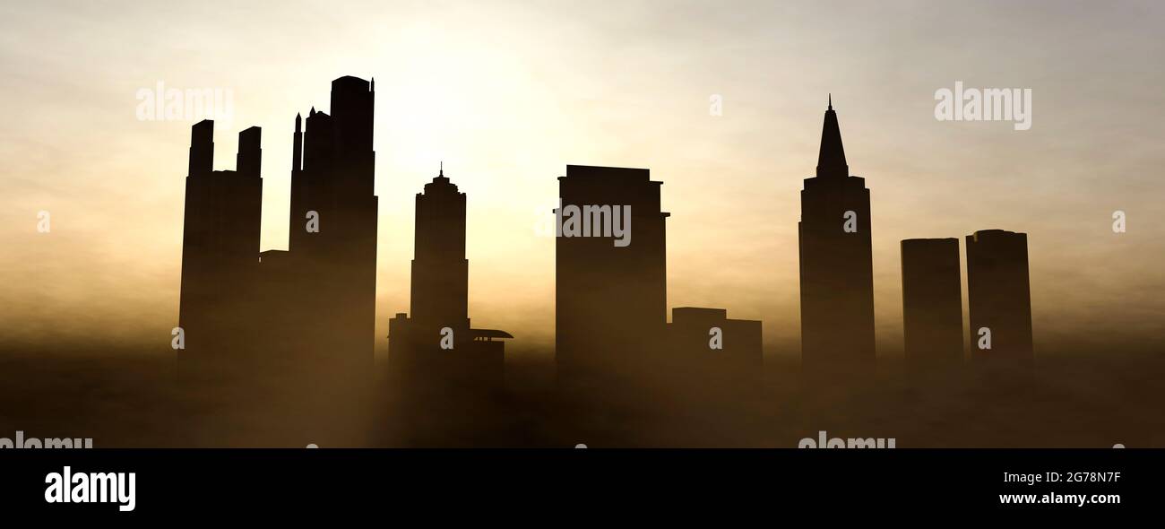 Moderne Skyline der Stadt mit Wolkenkratzern in Silhouette, die in Sonnenlicht getaucht ist, mit einem dichten Nebelkonzept in 3d-Rendering Stockfoto