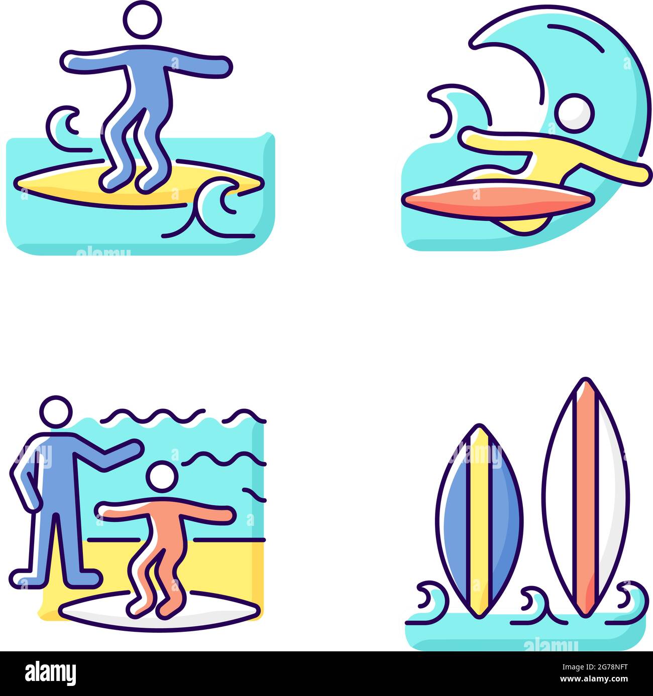 RGB-Farbsymbole für Surfboarding eingestellt Stock Vektor