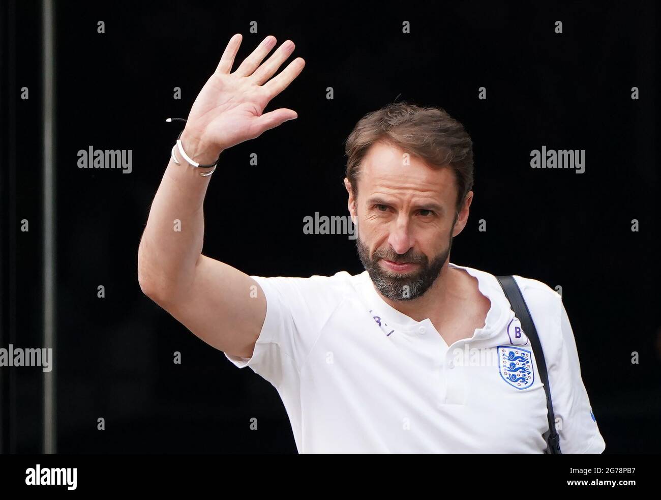 Der englische Manager Gareth Southgate verlässt das Grove Hotel in Hertfordshire. Bilddatum: Montag, 12. Juli 2021. Stockfoto