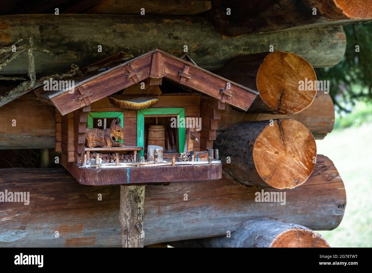 Europa, Österreich, Tirol, Ötztal Alpen, Ötztal, Längenfeld, kunstvolle Holzschnitzerei auf einer Heuscheune auf der Unteren Hemerach Alm Stockfoto
