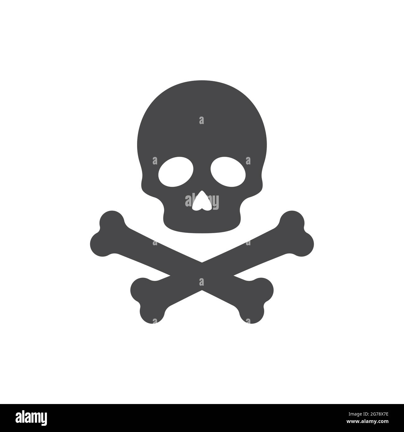 Vektorsymbol für Skelettkopf und Kreuzknochen. Totenkopf mit gekreuzten Knochen schwarzes Symbol. Stock Vektor