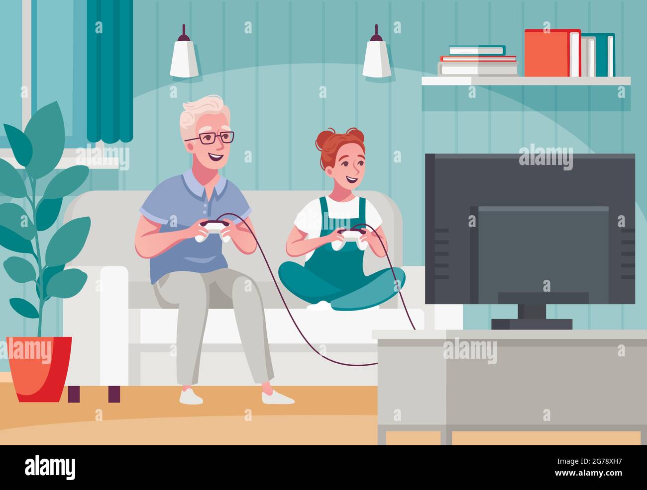 Ältere ältere Menschen Home-Aktivitäten Cartoon-Komposition mit Online-Spiele für Kinder und Großeltern Vektor-Illustration spielen Stock Vektor