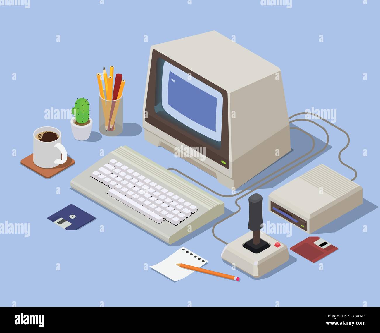Retro-Geräte isometrischer Hintergrund mit PC, bestehend aus Monitor-Tastatur der Systemeinheit und angefügter Joystick-Vektorgrafik Stock Vektor