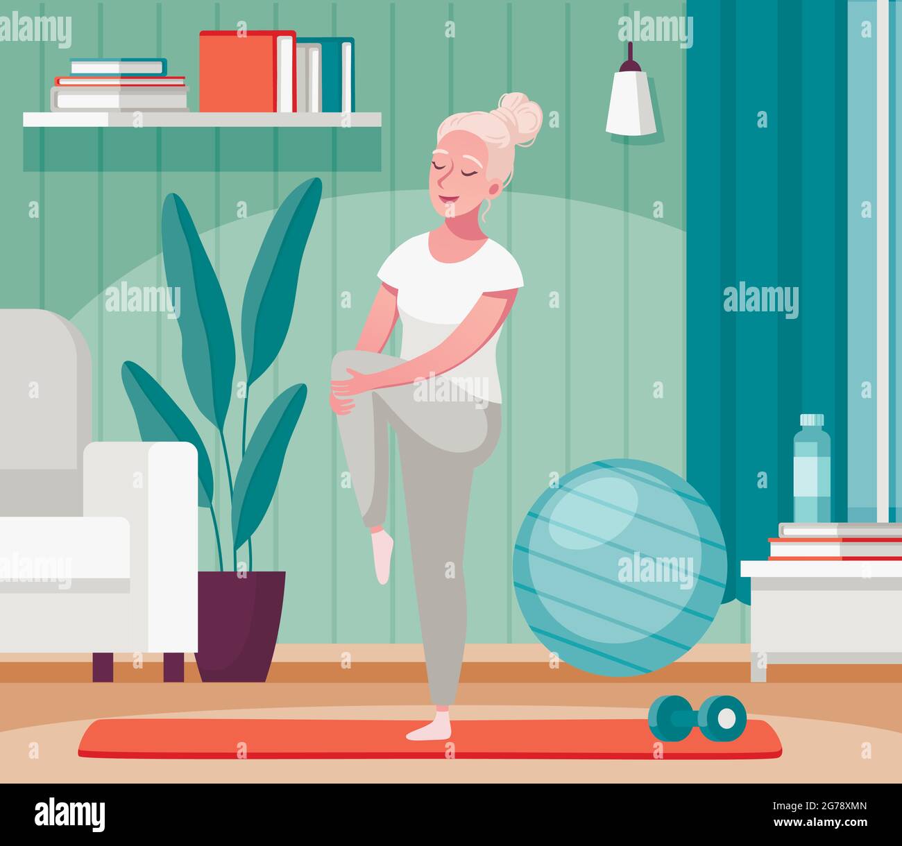 Ältere ältere Menschen Home-Aktivitäten Cartoon-Komposition mit alten Dame Strecken Beine auf Fitness-Matte Vektor-Illustration Stock Vektor