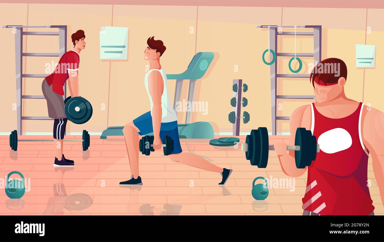 Bodybuilding Gym flache Zusammensetzung mit Blick auf Fitnessraum Geräte und muskulösen Männern Durchführung Gewichtheben Übungen Vektor-Illustration Stock Vektor