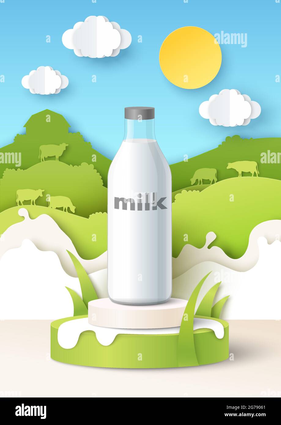 Milchflaschenmockup auf dem Podium, papiergeschnittene Felder, Kühe, Milchspritzer, Vektorgrafik. Werbung für natürliche Milchprodukte Stock Vektor