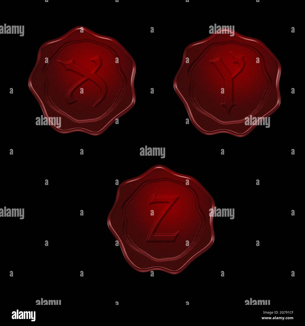 3d-Rendering von rotem Wachs Siegel Alphabet auf schwarzem Hintergrund - Buchstaben X-Z Stockfoto