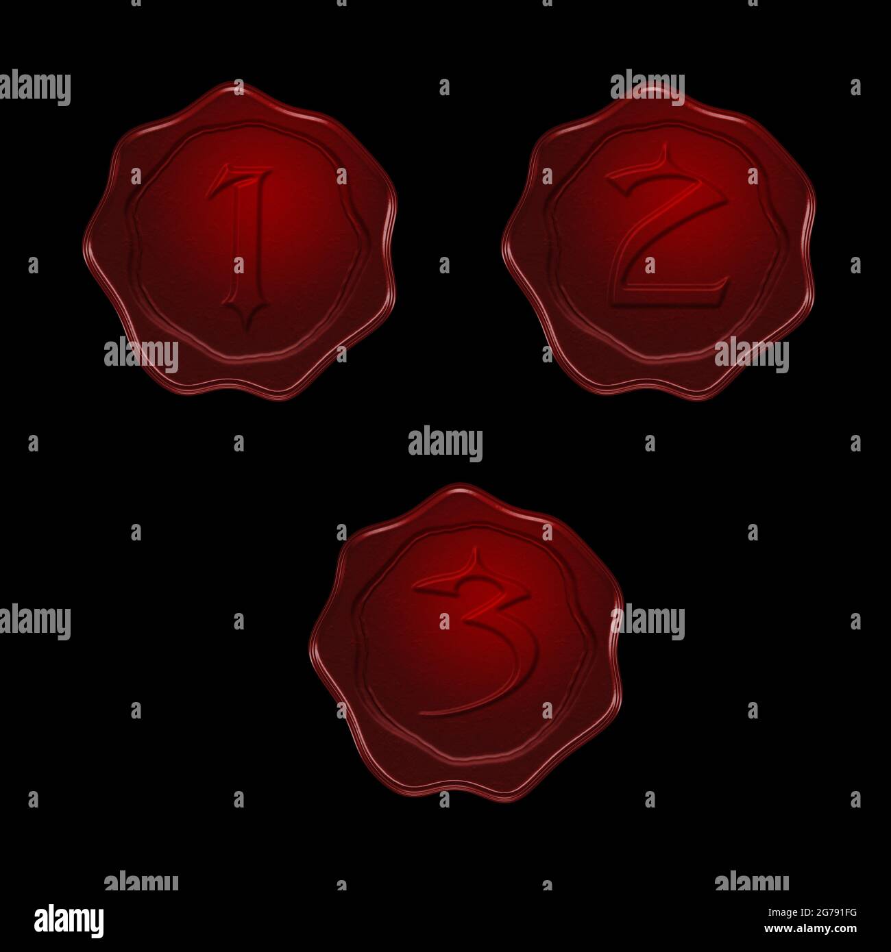 3d-Rendering von rotem Wachs Siegel Alphabet auf schwarzem Hintergrund - Ziffern 1-3 Stockfoto