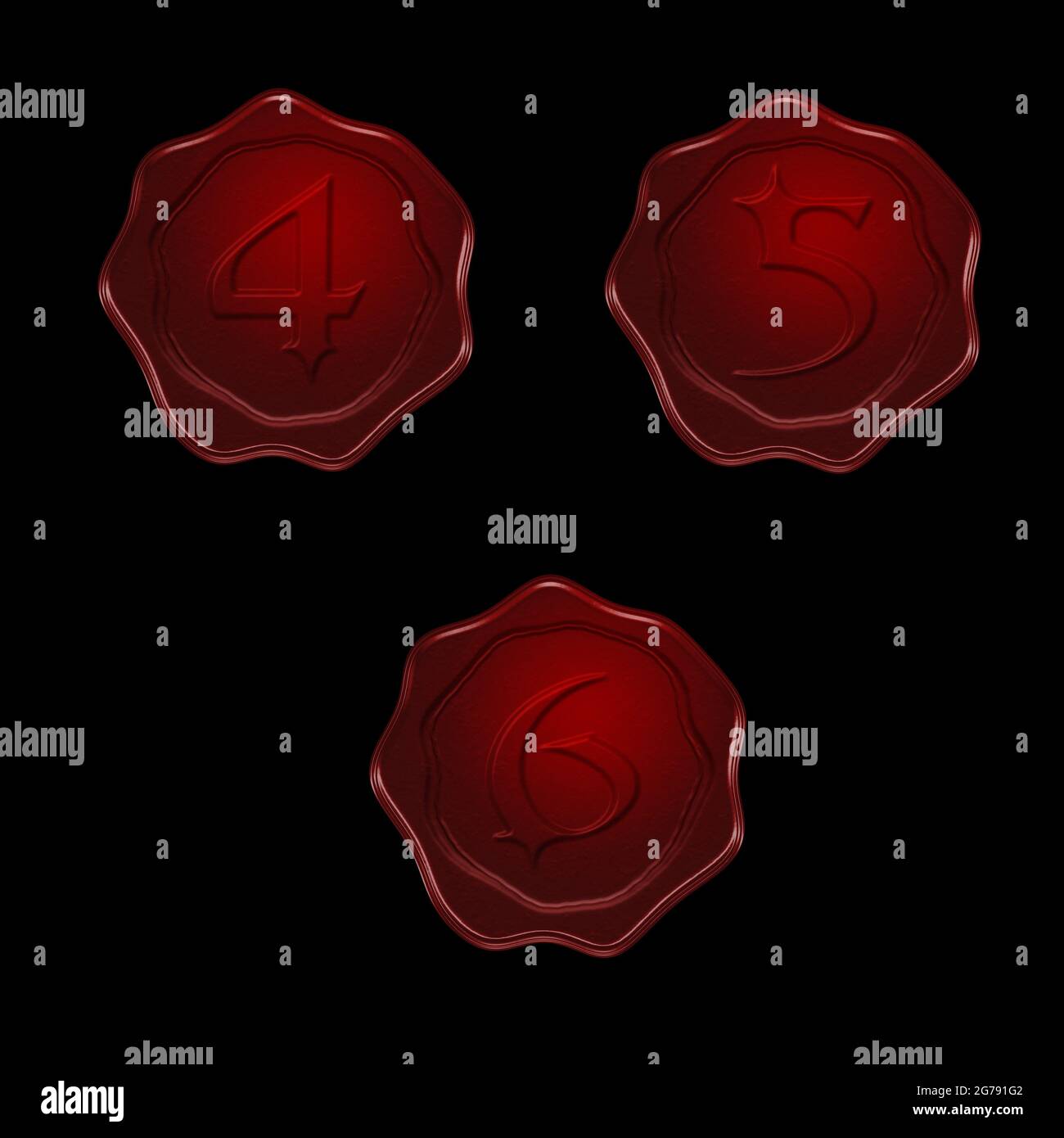3d-Rendering von rotem Wachs Siegel Alphabet auf schwarzem Hintergrund - Ziffern 4-6 Stockfoto