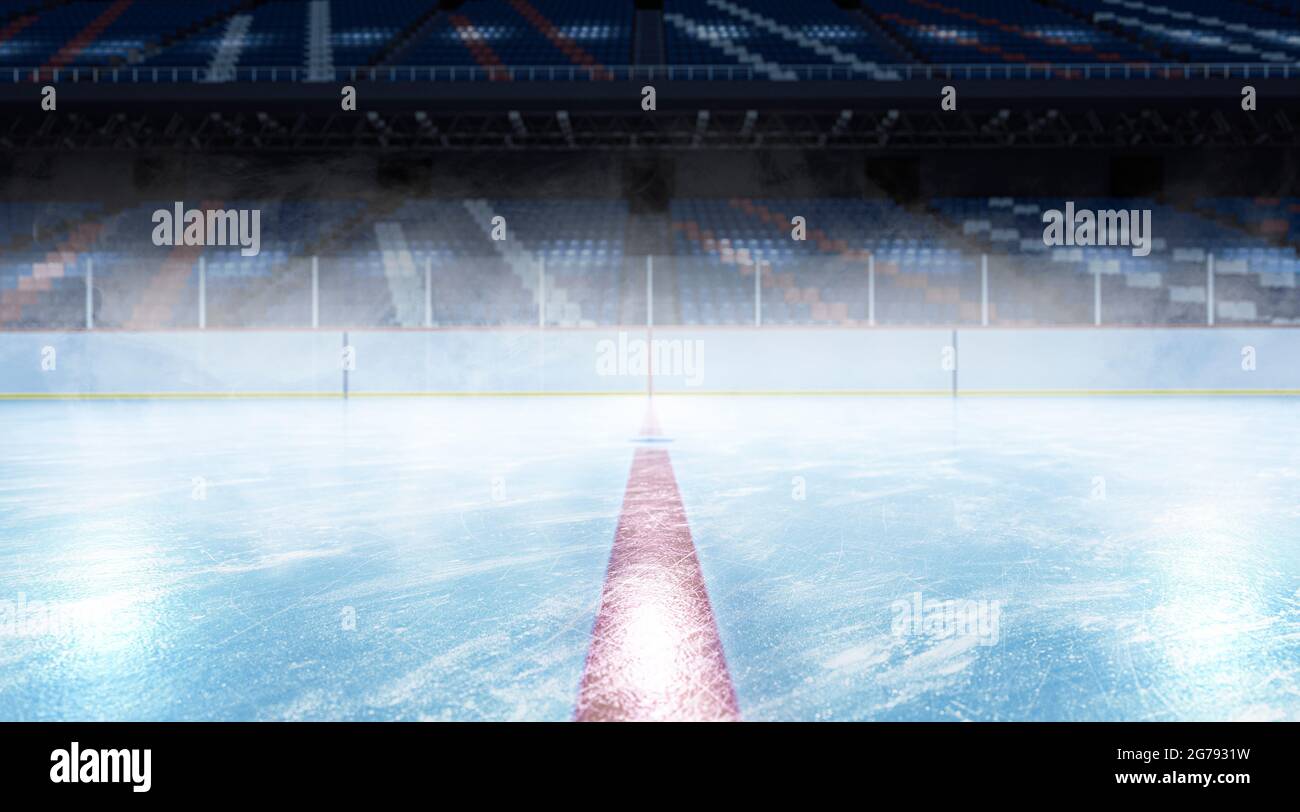 Leere Schlittschuhe, Hintergrundmockup, Seitenansicht, 3d-Rendering. Arena-Oberfläche für professionelle Hockey- oder Skate-Mock-Up. Verkratzte Eislaufbahn oder Stadion Stockfoto