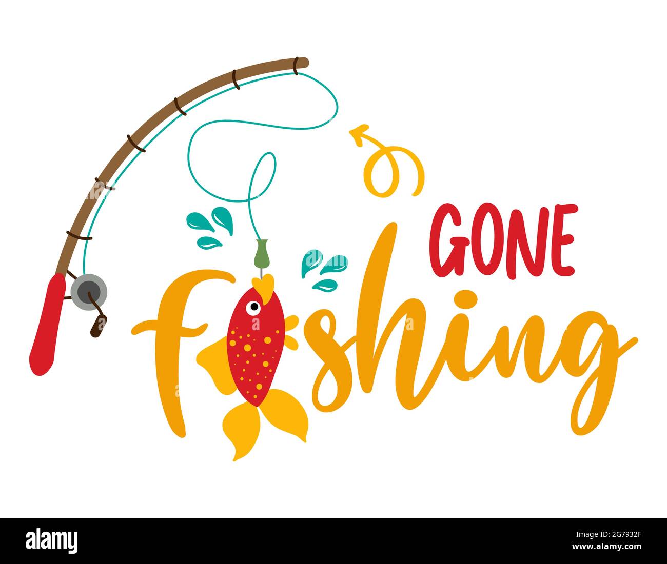 Gone Fishing - lustige Typografie mit schönen Fischen auf Angelrute. Für Poster, Tapete, T-Shirt, Geschenk. Sommerferienfeeling. Handschriftliche Inspiration Stock Vektor