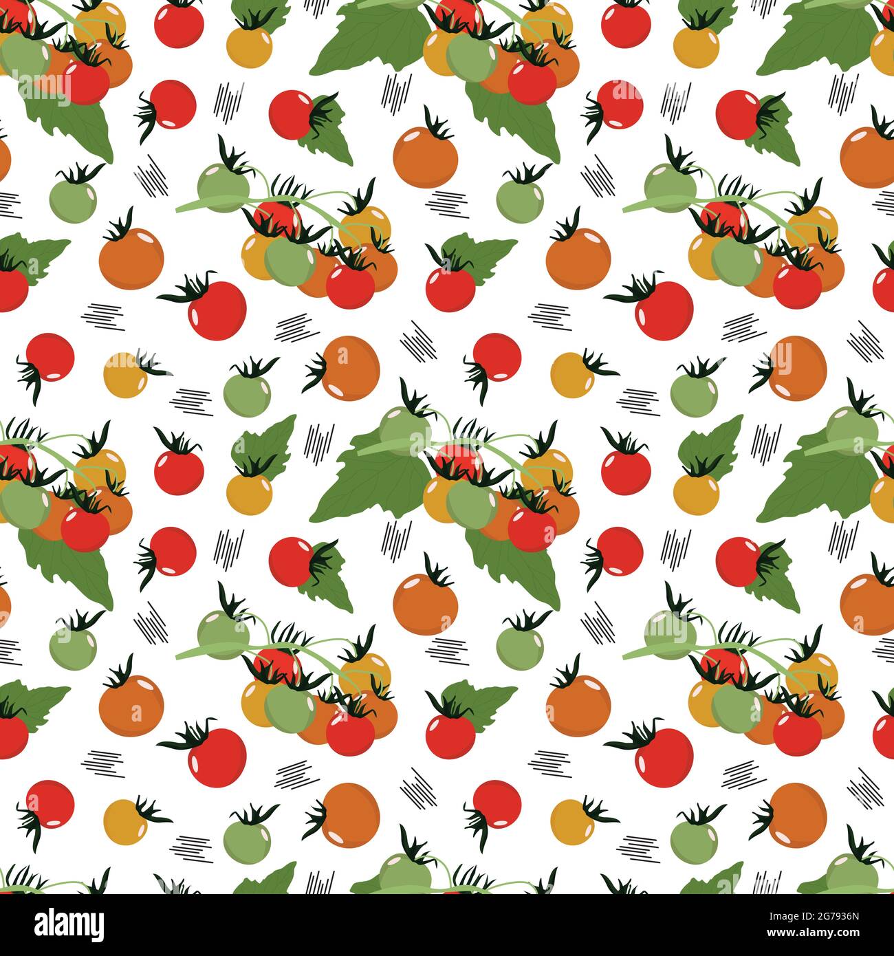 Verschiedene Gemüse nahtlose Muster, Tomaten rot und gelb, Illustration. Gemüsedruck Stock Vektor