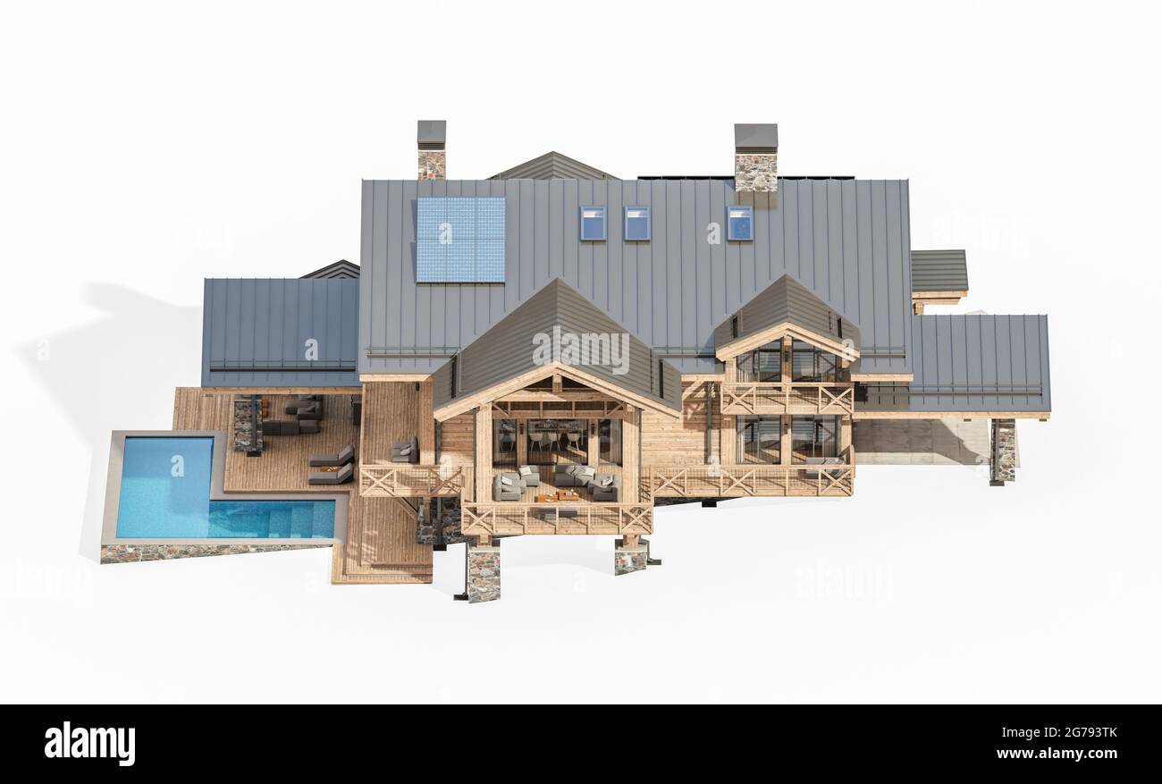 3d-Rendering von modernen gemütlichen Chalet mit Pool und Parkplatz zum Verkauf oder zur Miete. Massive Holzbalken Säulen. Klarer sonniger Sommertag. Isoliert auf Weiß Stockfoto